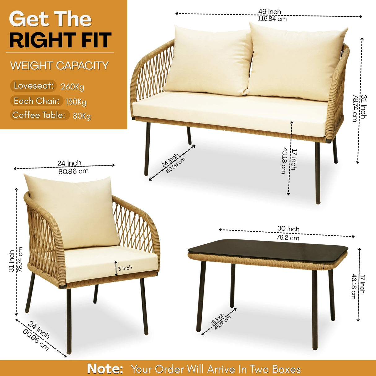 Outdoor Rope 4-Seater Sofa Set with Glass Top Table (Beige & Cream)