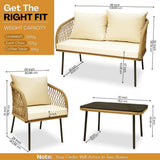 Outdoor Rope 4-Seater Sofa Set with Glass Top Table (Beige & Cream)