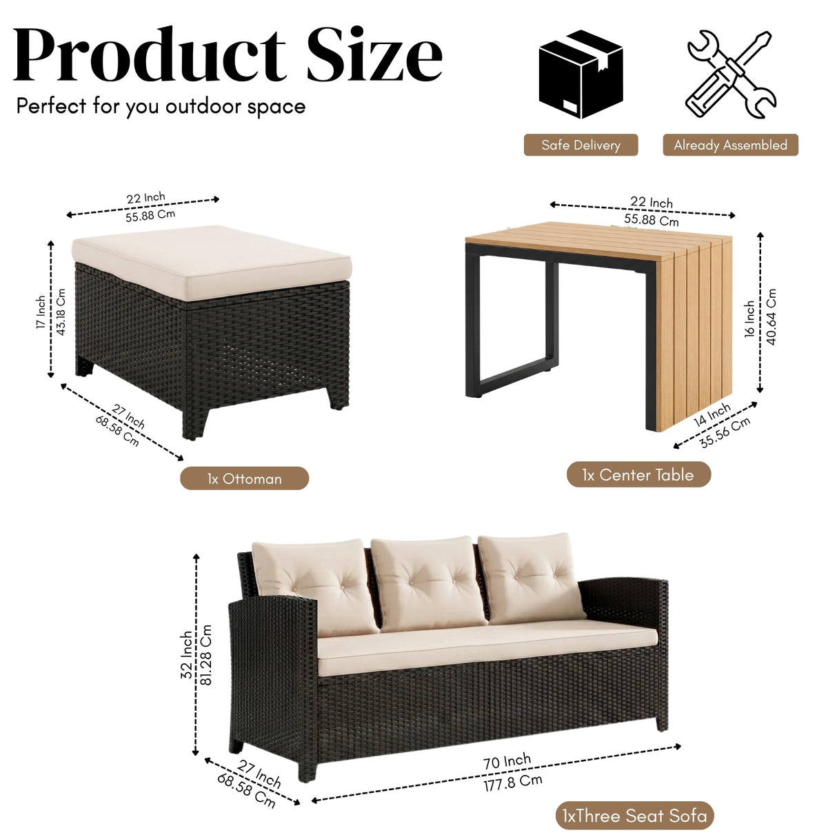 Outdoor Wicker L-Shape Sofa Set with Ottoman & Convertible Wooden Coffee Table
