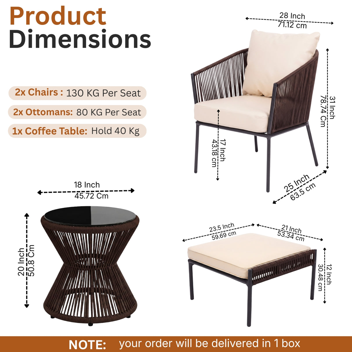Outdoor 5 Piece Rope Patio Sofa Set (Brown & Cream)