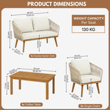 Outdoor Rope 4-Piece Patio Sofa Set with Wooden Legs & Coffee Table (Platinum & Off-White)