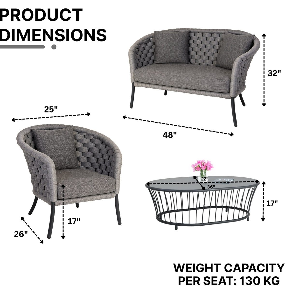 Outdoor Grey Rope 4 Piece Patio Sofa Set with Dark Grey Cushions