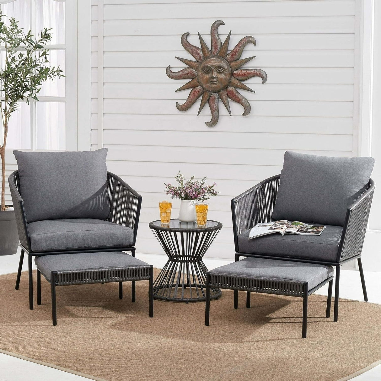 Outdoor 5 Piece Rope Patio Sofa Set (Grey)