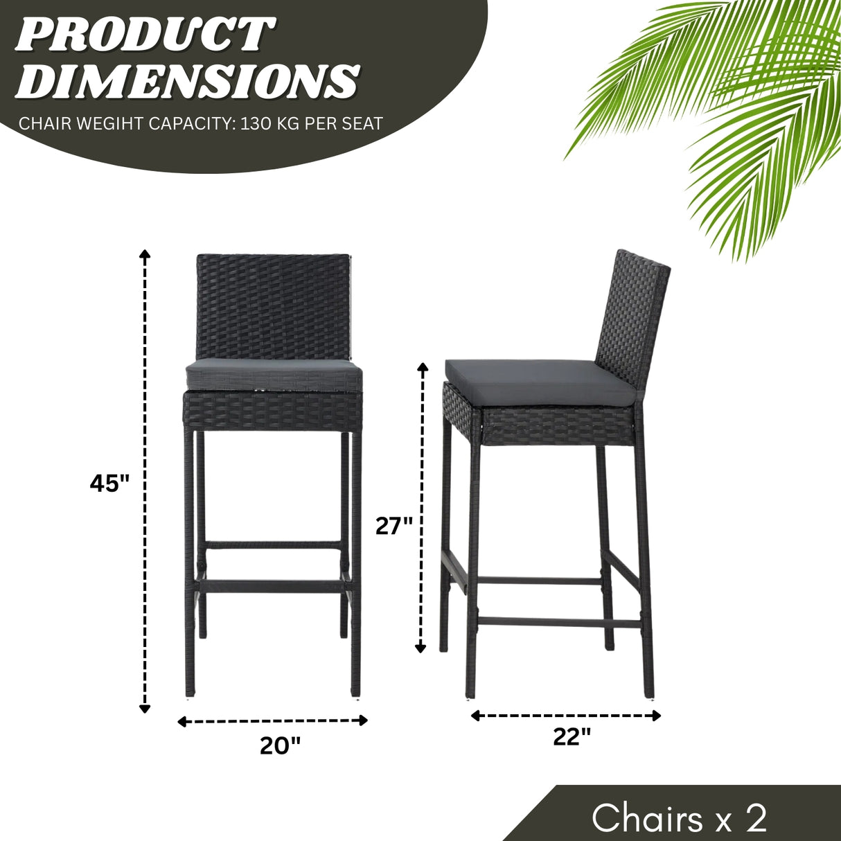 Outdoor Rattan Wicker Bar Chairs Set of 2