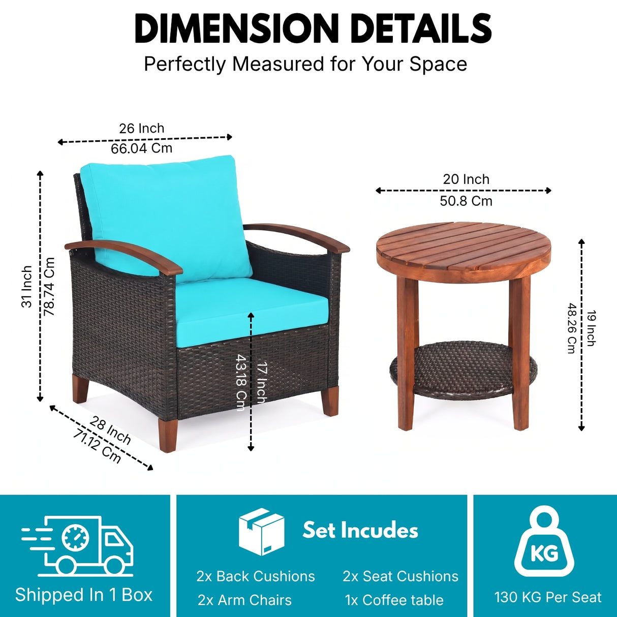 3-Piece Outdoor Wicker Patio Conversation Set (Dark Brown & Sky-Blue)