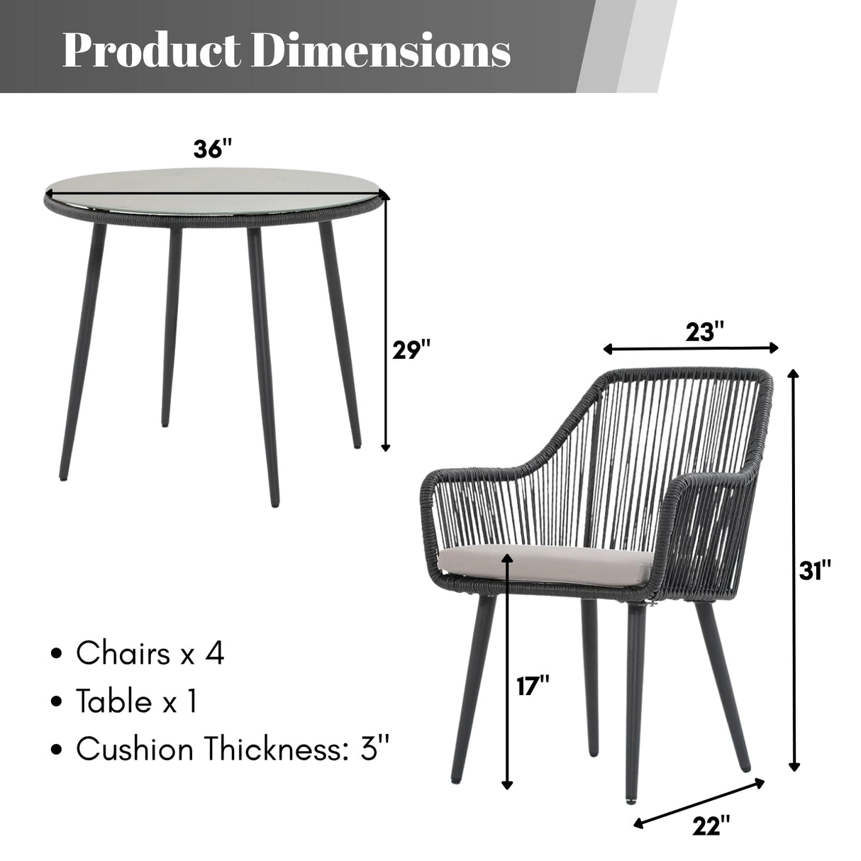5-Piece Outdoor Rope Patio Dining Set With Glass Top Table