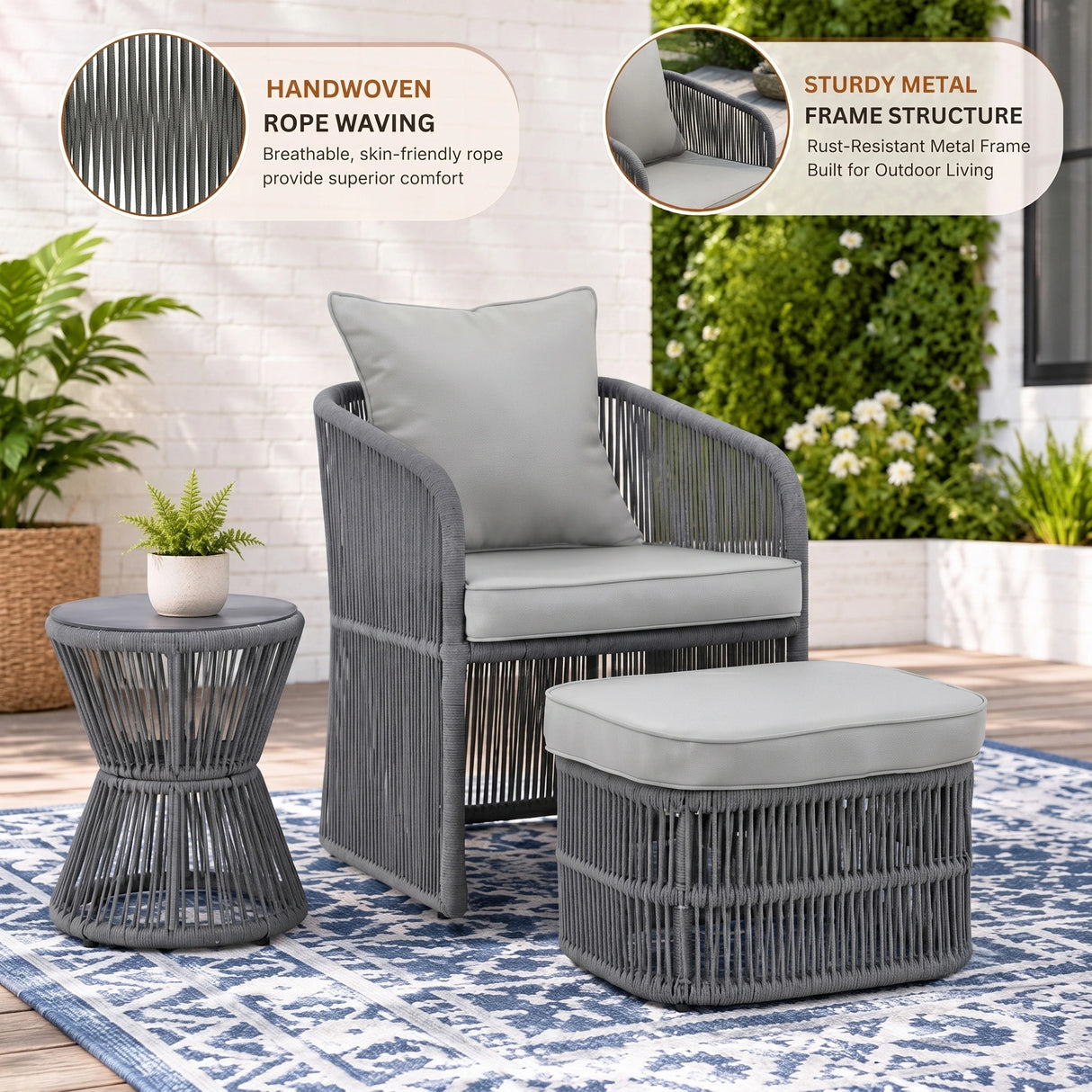Outdoor 5 Piece Rope Patio Chair Ottoman Set (Grey)