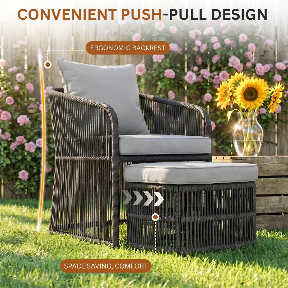 Outdoor 5 Piece Rope Patio Chair Ottoman Set (Grey)