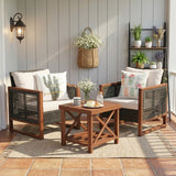 Outdoor Wicker 3-Piece Patio Furniture Set with Solid Wooden Frames (Dark Brown & White)