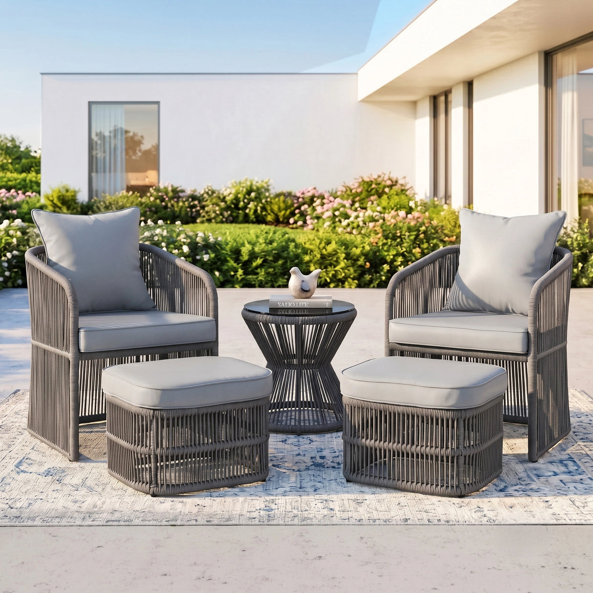 Outdoor 5 Piece Rope Patio Chair Ottoman Set (Grey)