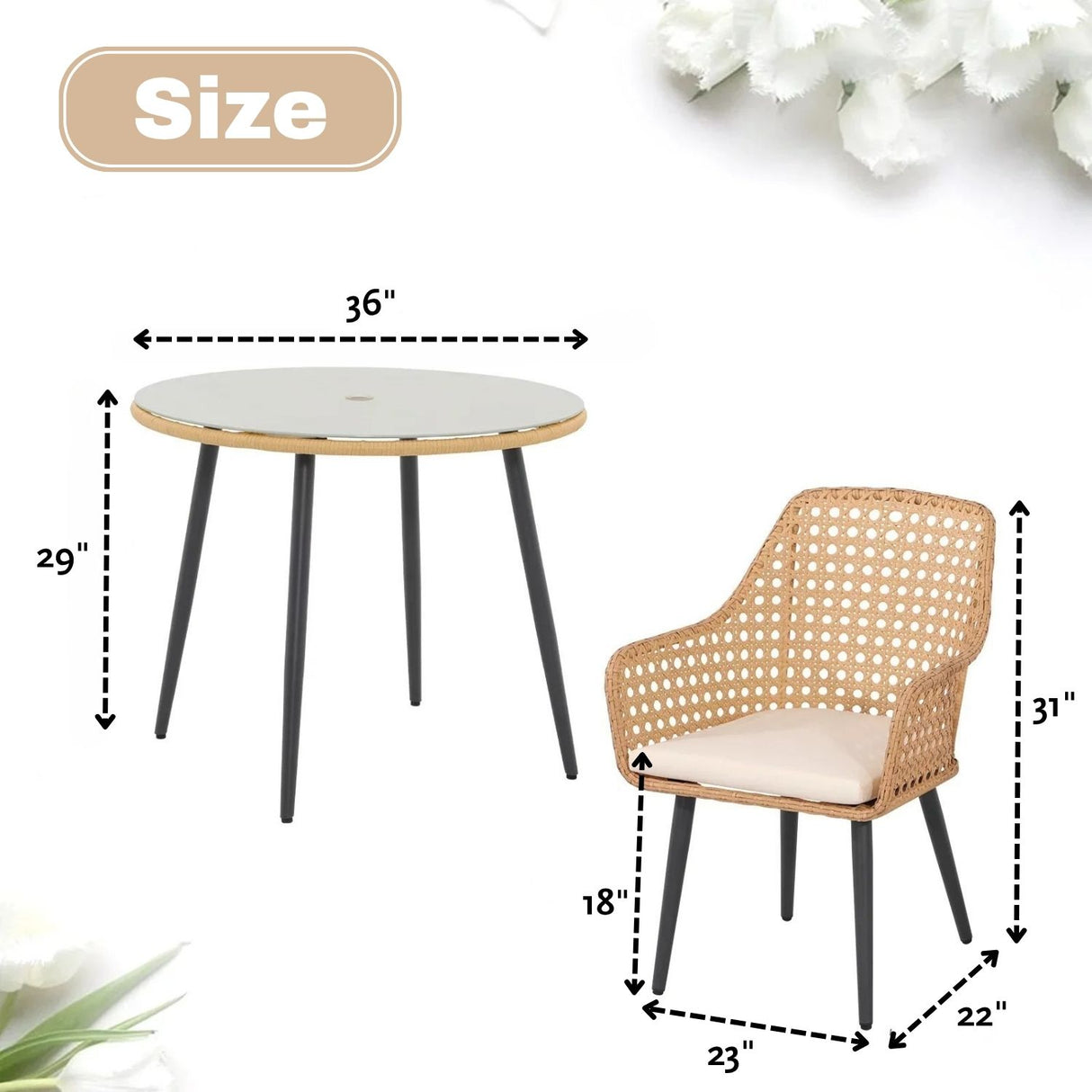 5-Piece Outdoor Patio Dining Set with Rattan Chairs & Glass Top Table