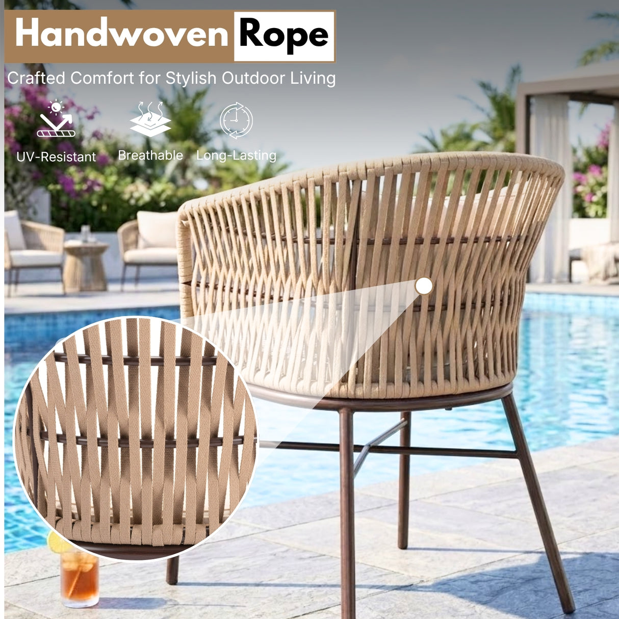 Outdoor Rope Dining Chair with Cushion (Beige & White)