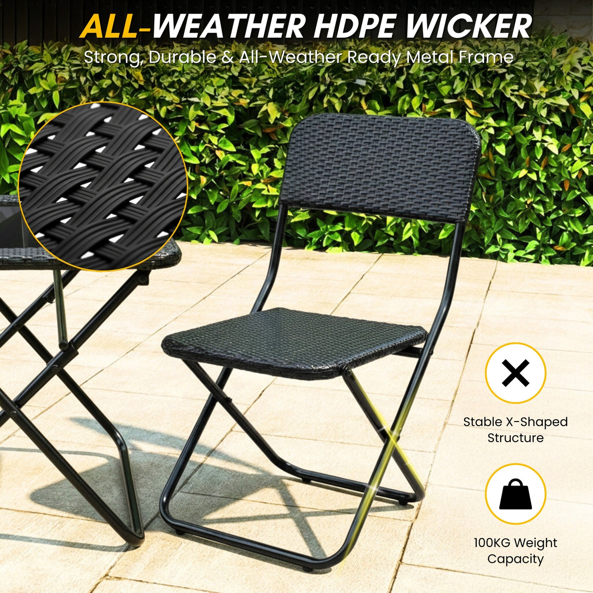 3-Piece Outdoor Wicker Folding Patio Set (Black)