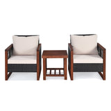 Outdoor Wicker 3-Piece Patio Furniture Set with Solid Wooden Frames (Dark Brown & White)