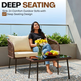 Outdoor Rope 4-Seater Sofa Set with Glass Top Table (Brown & Cream)