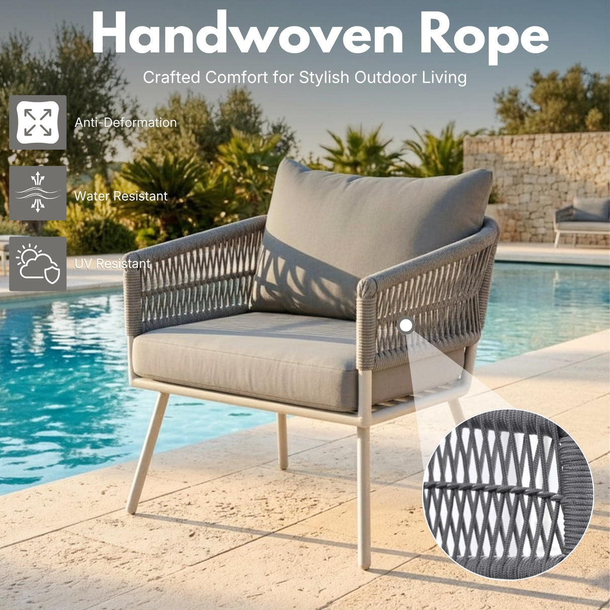 Outdoor Rope Sofa Set with Wooden Top Center Table (Grey)