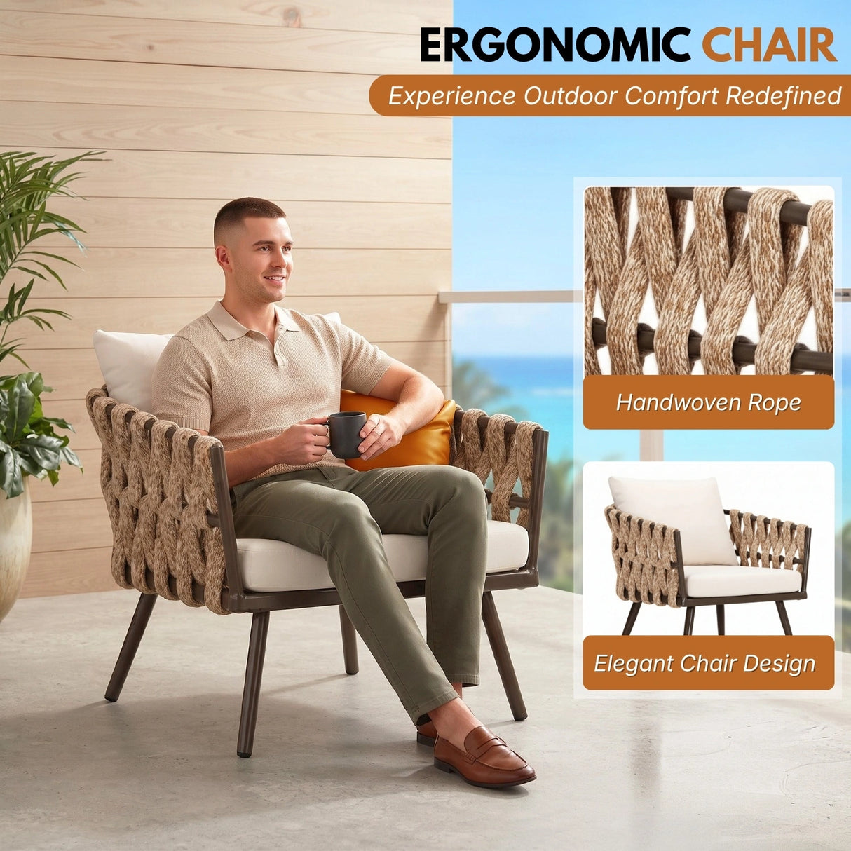 4-Piece Outdoor Rope Sofa Set With Glass Top Table (Beige & Off-White)