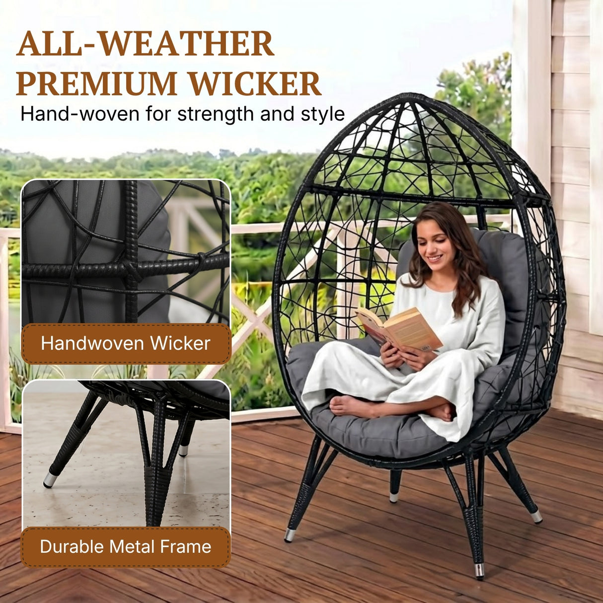 Outdoor Black Rattan Lounge Accent Egg Chair