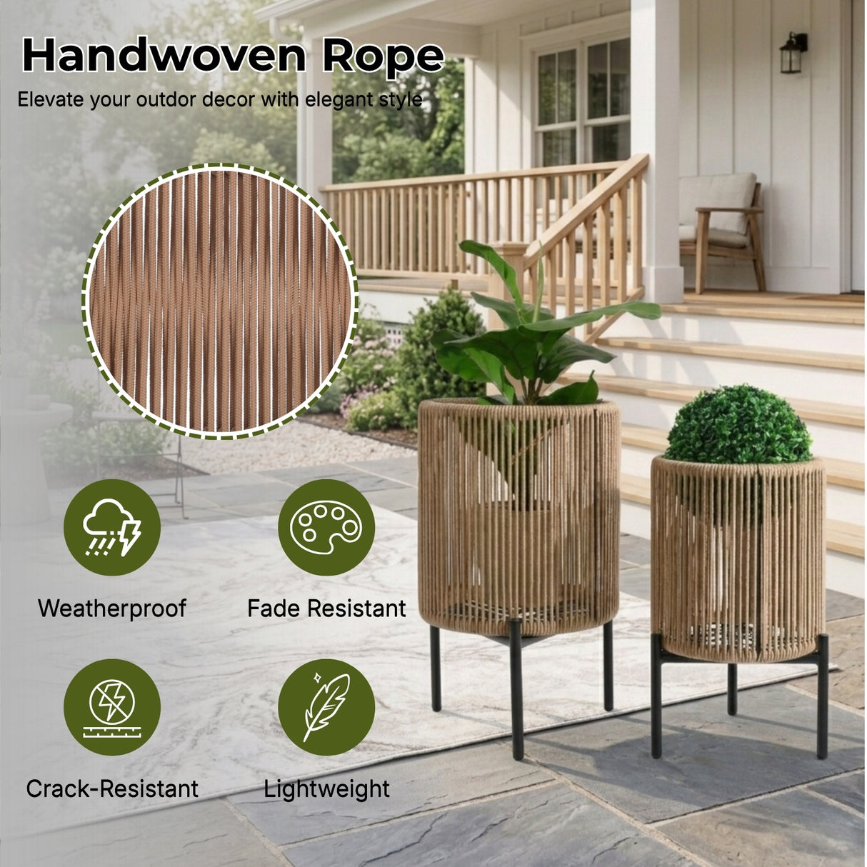 Outdoor Rope Set of 2 Planter with Metal Stand (Beige)