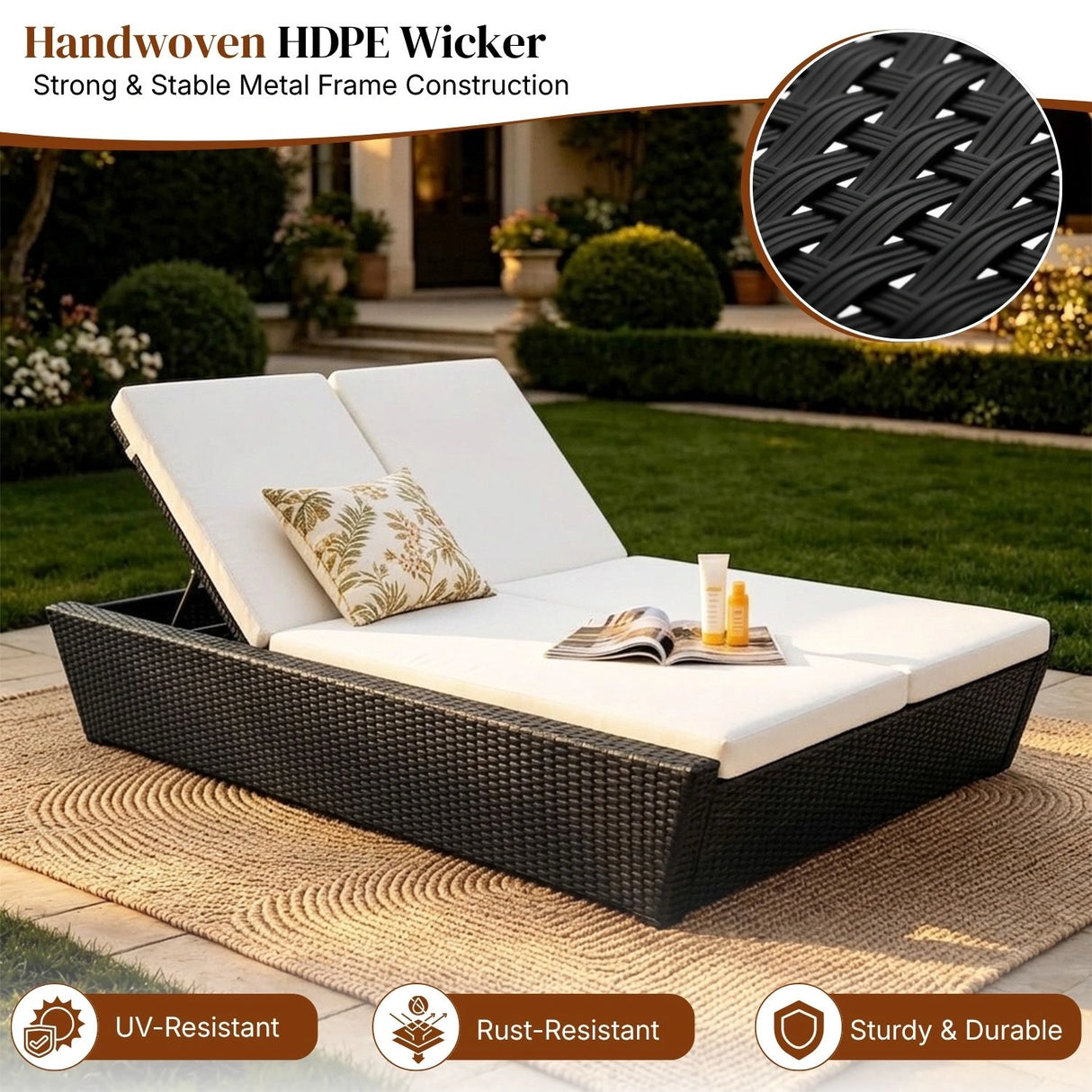 Outdoor Wicker Patio Double Seater Recliner Daybed
