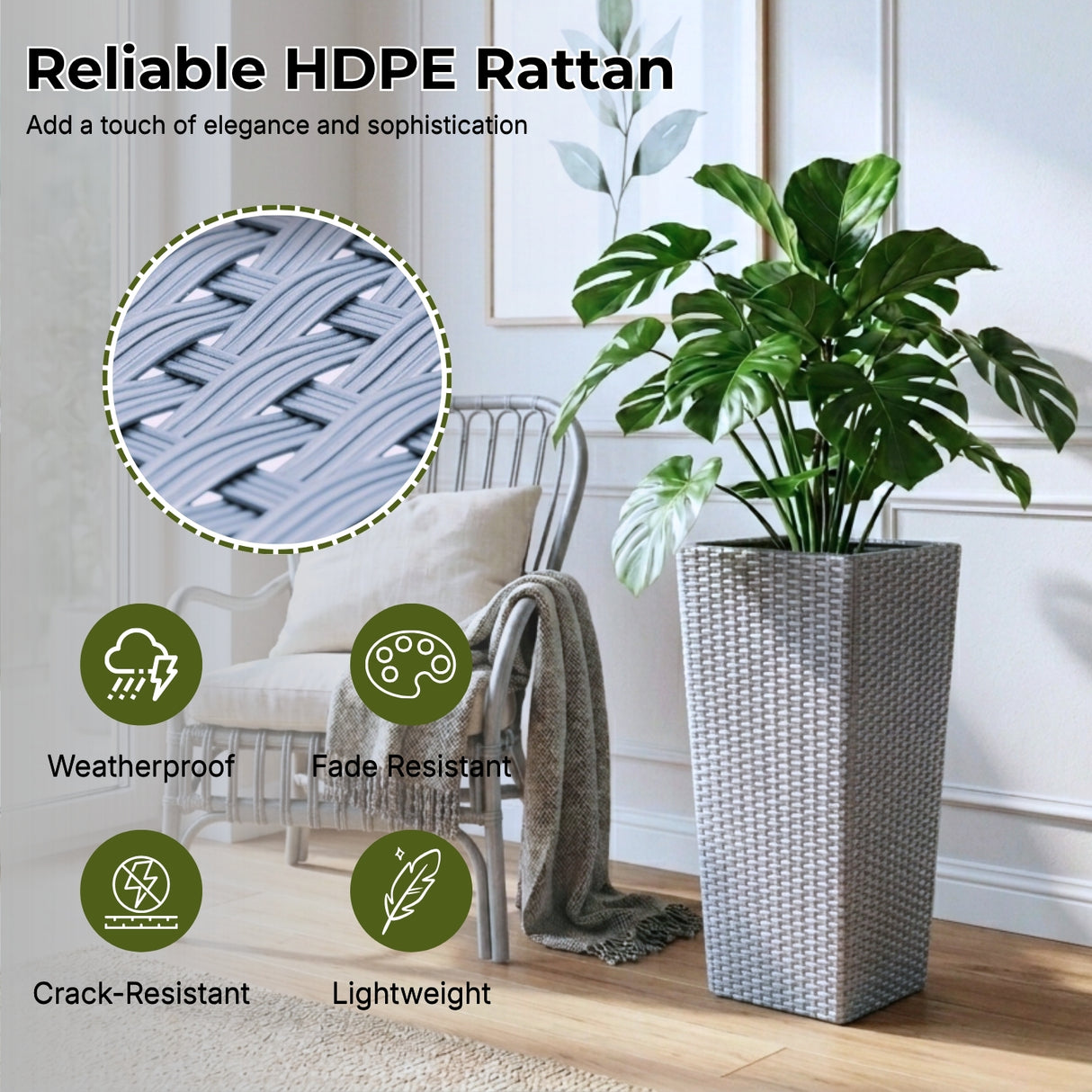 2-Piece Outdoor Rattan Wicker Tall Square Planters (Silver Grey)
