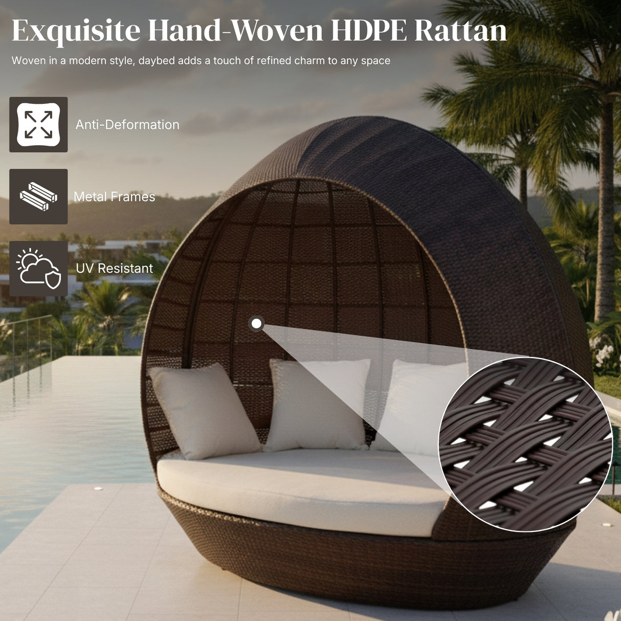 Outdoor Rattan Wicker Egg-Shaped Daybed (Dark Brown Wicker & Off-White)