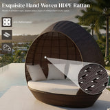 Outdoor Rattan Wicker Egg-Shaped Daybed (Dark Brown Wicker & Off-White)