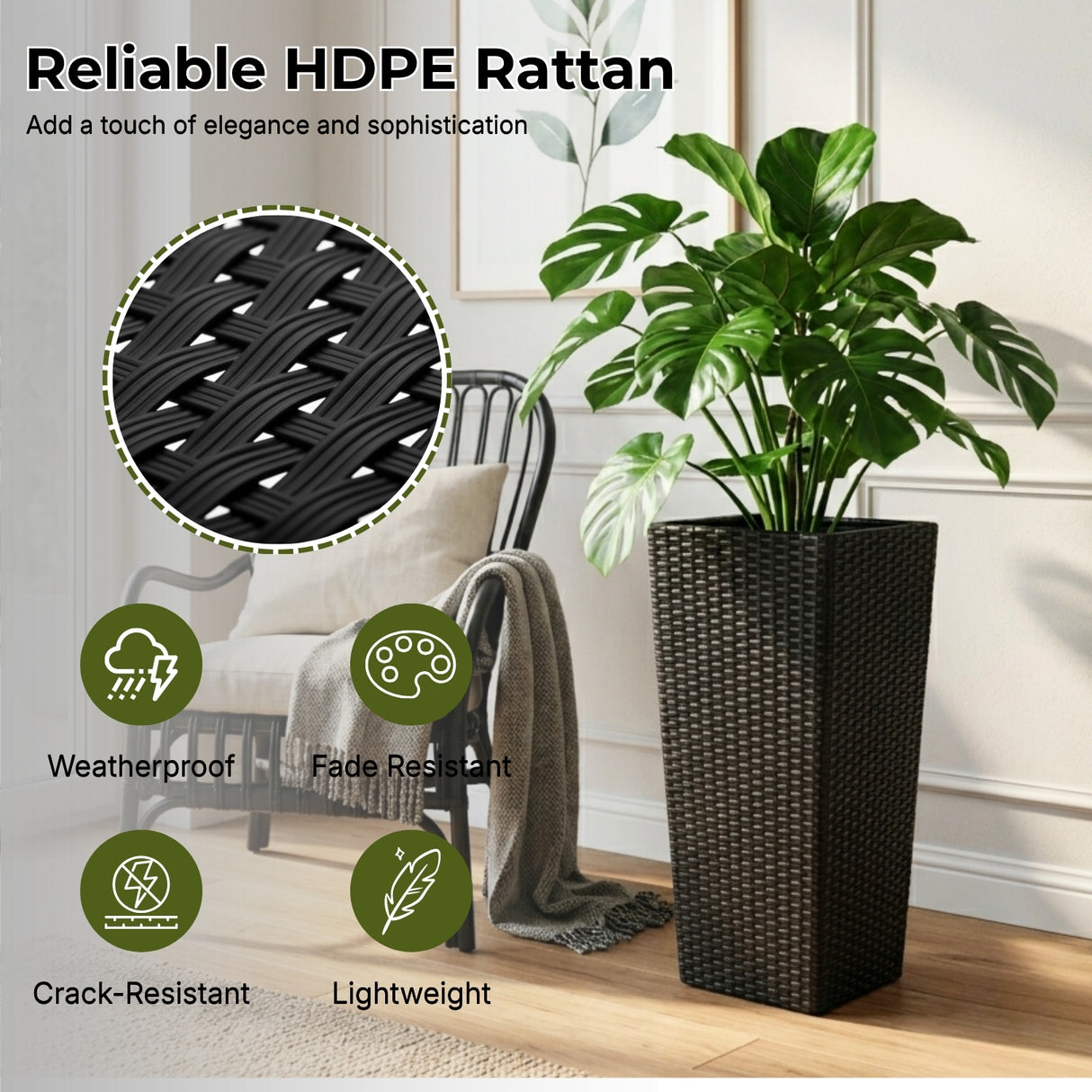 2-Piece Outdoor Rattan Wicker Tall Square Planters (Black)