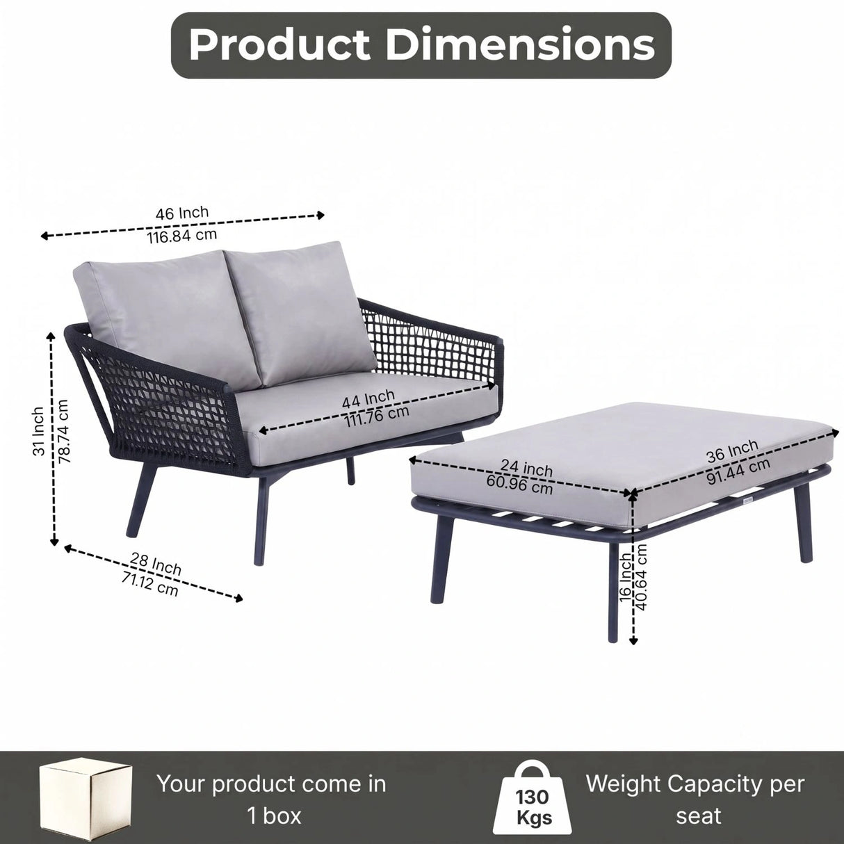 2-Piece Outdoor Rope Loveseat Sofa With Ottoman