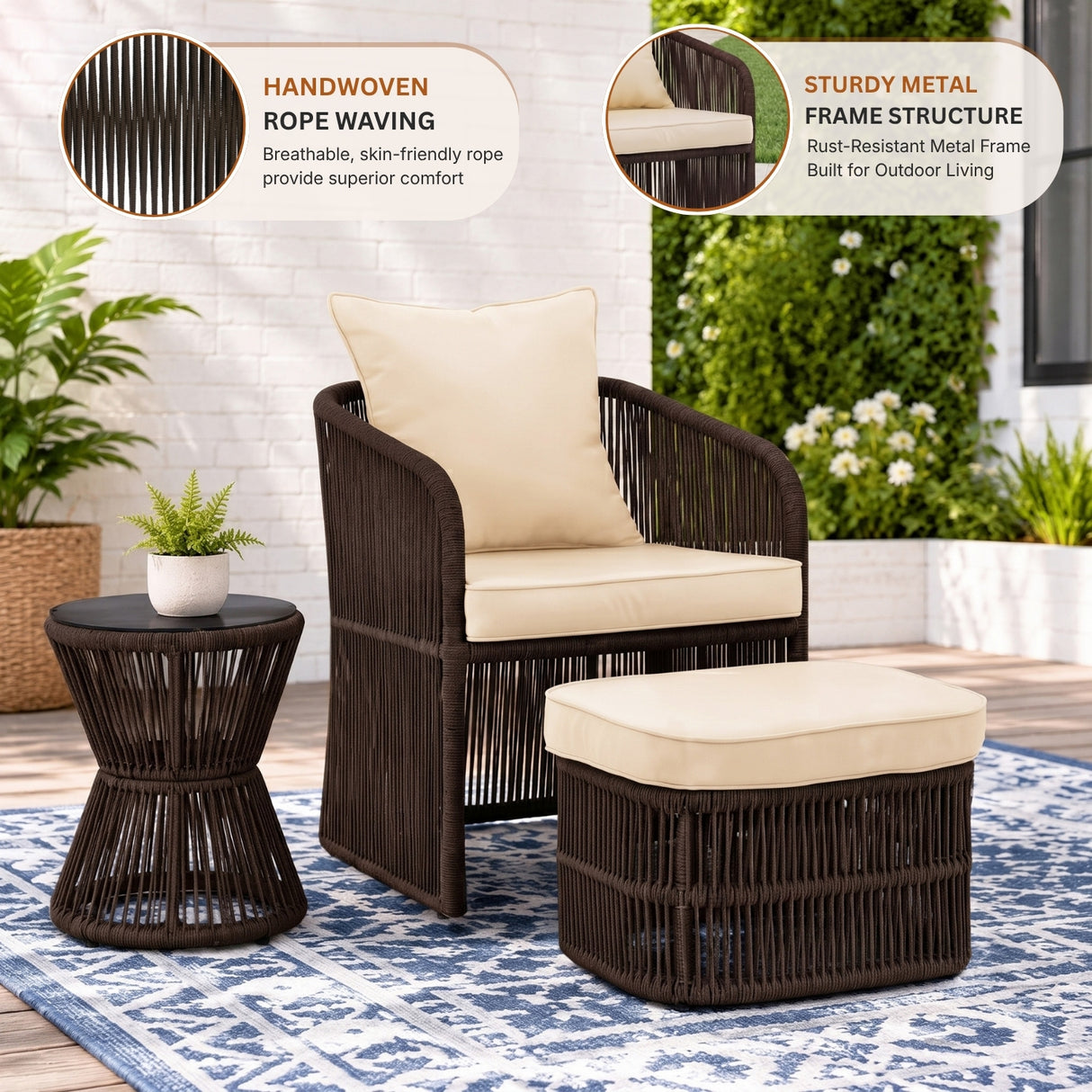 Outdoor 5 Piece Rope Patio Chair Ottoman Set (Brown & Cream)