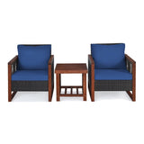 Outdoor Wicker 3-Piece Patio Furniture Set with Solid Wooden Frames (Dark Brown & Blue)