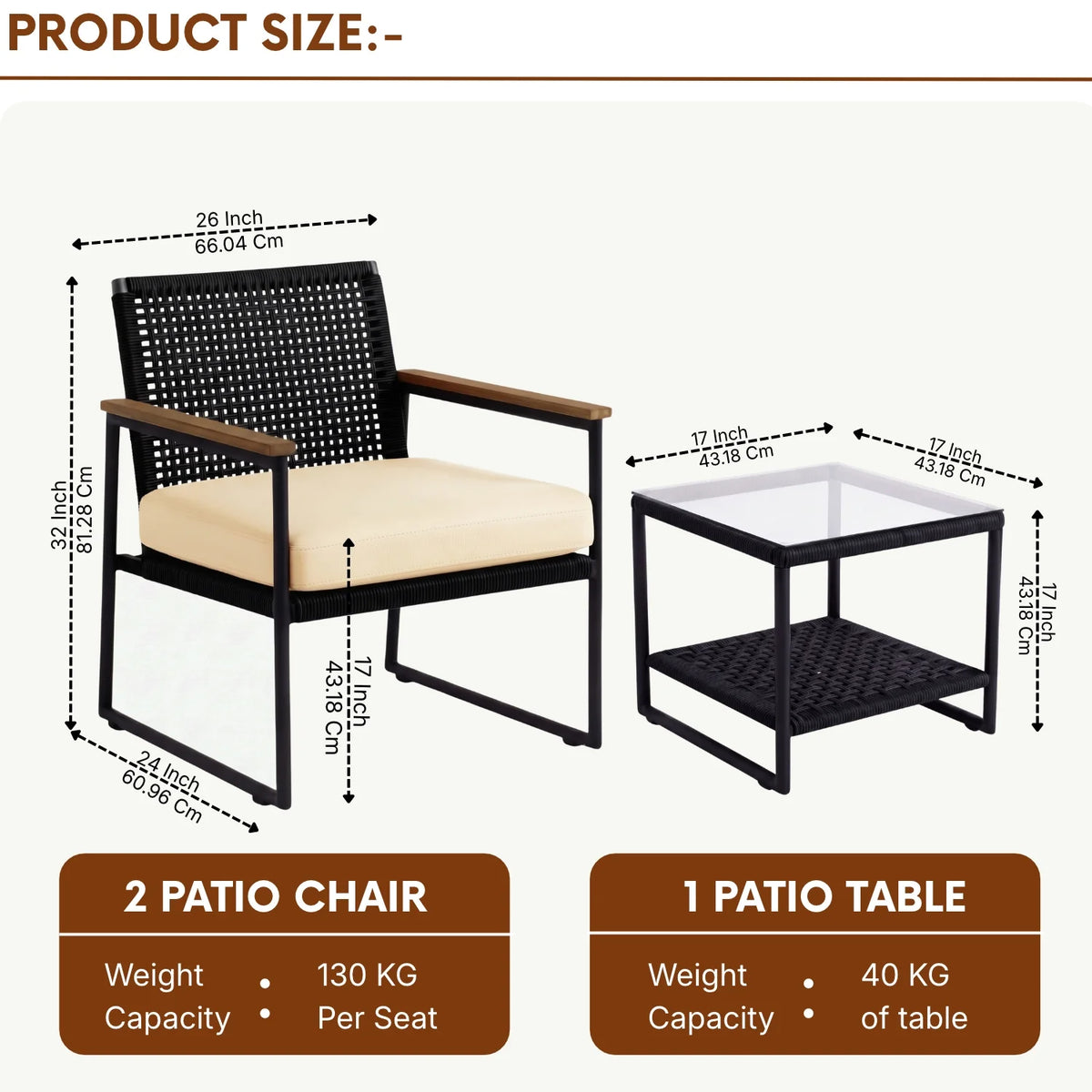 Outdoor 3-Piece Wicker Patio Set(Black & Cream)