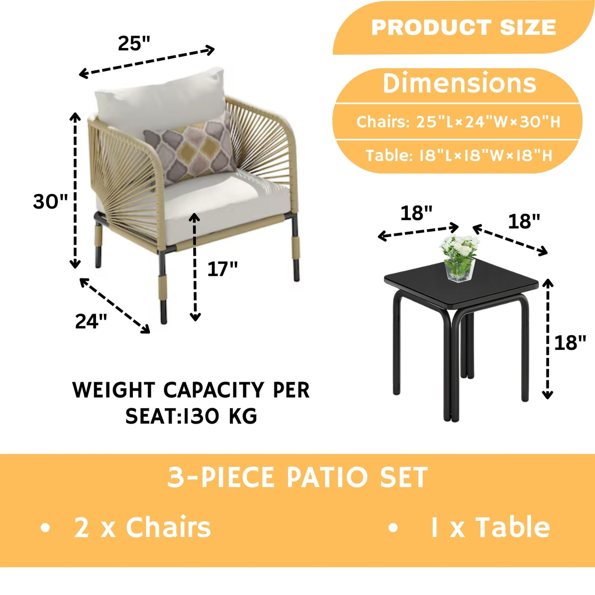3 Piece Garden Outdoor Rope Patio Set