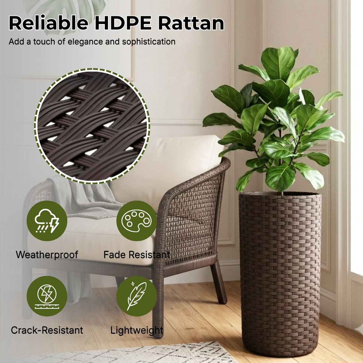 Outdoor Wicker 2-Piece Tall Round Planter Set (Dark Brown & White)