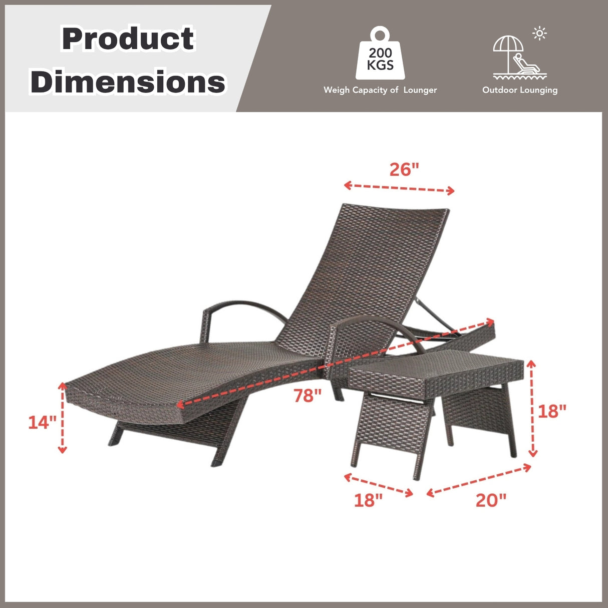 Outdoor All-Weather HDPE Wicker Rattan Sunlounger Recliner with Side Table