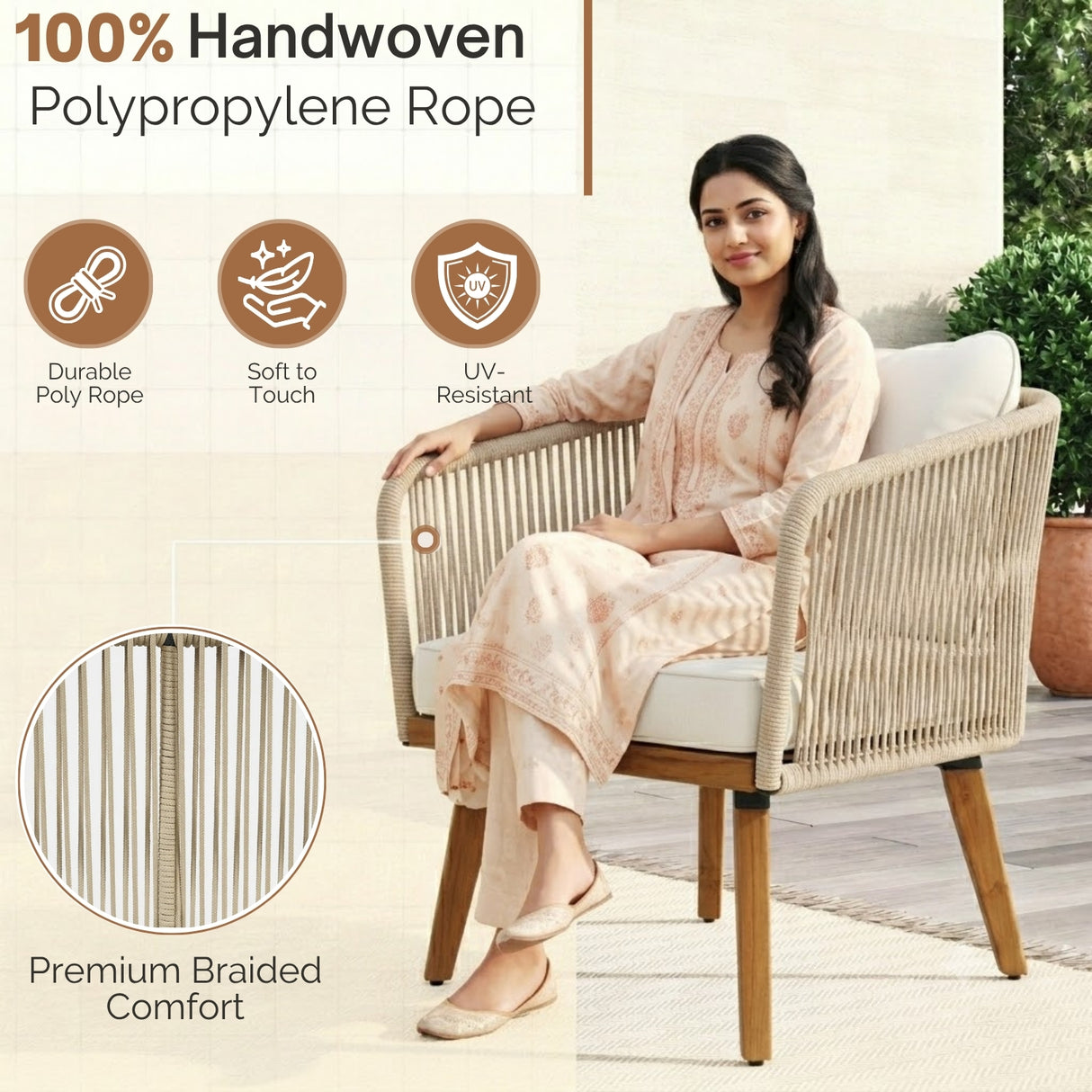 Outdoor Rope 4-Piece Patio Sofa Set with Wooden Legs & Coffee Table (Platinum & Off-White)