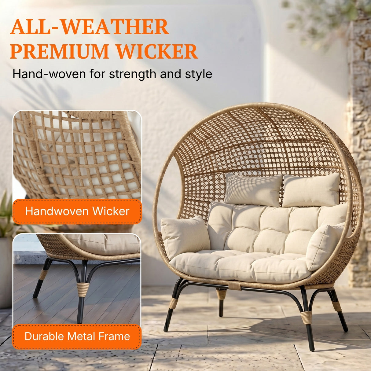 Outdoor Rattan Wicker Double Seater Egg Chair (Beige & Cream)