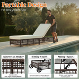 Outdoor Wicker Rattan Lounger Set of 2 with Patio Umbrella (Dark Brown & Off-White)