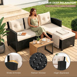Outdoor Wicker L-Shape Sofa Set with Ottoman & Convertible Wooden Coffee Table