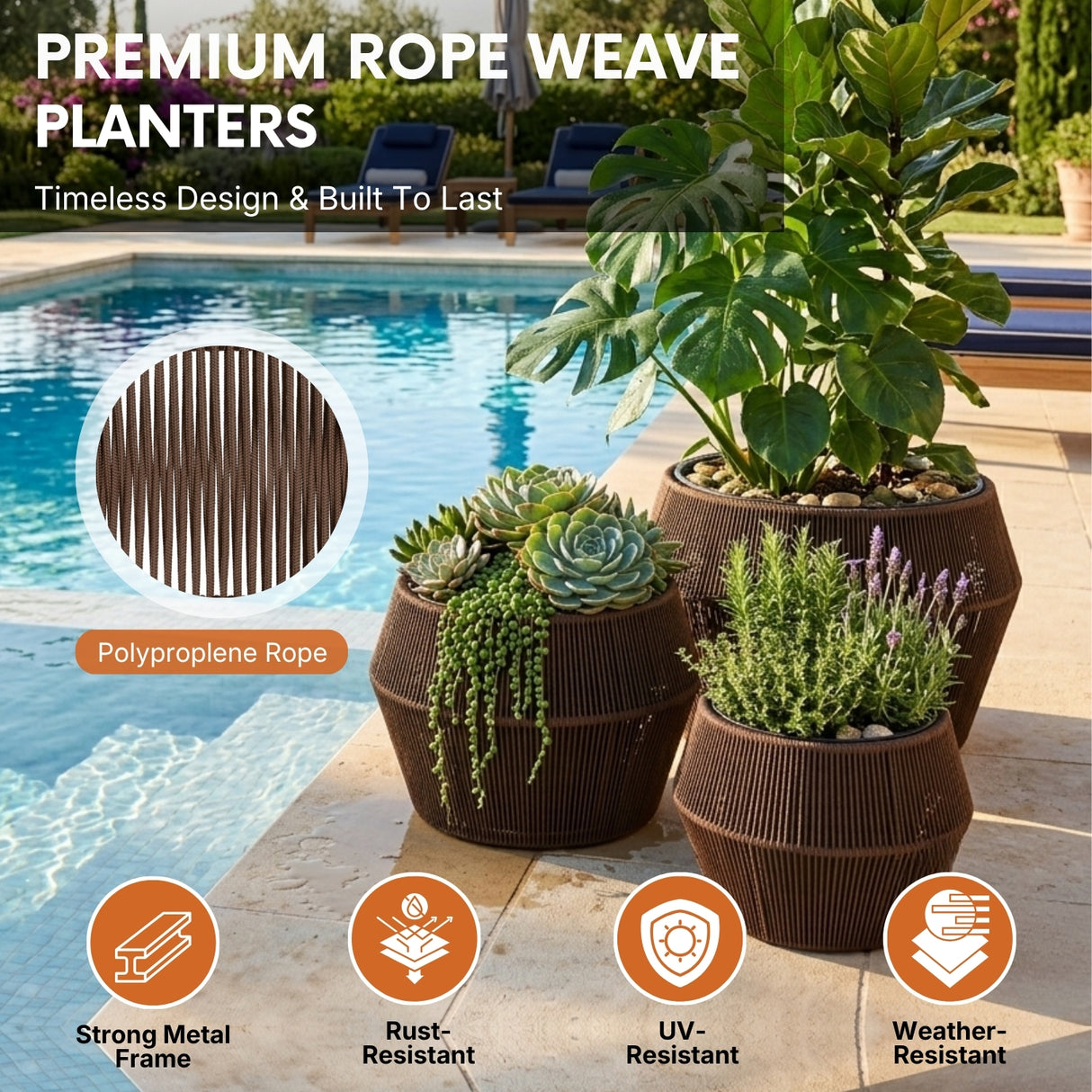 Outdoor 3-Piece Round Rope Planters (Brown)