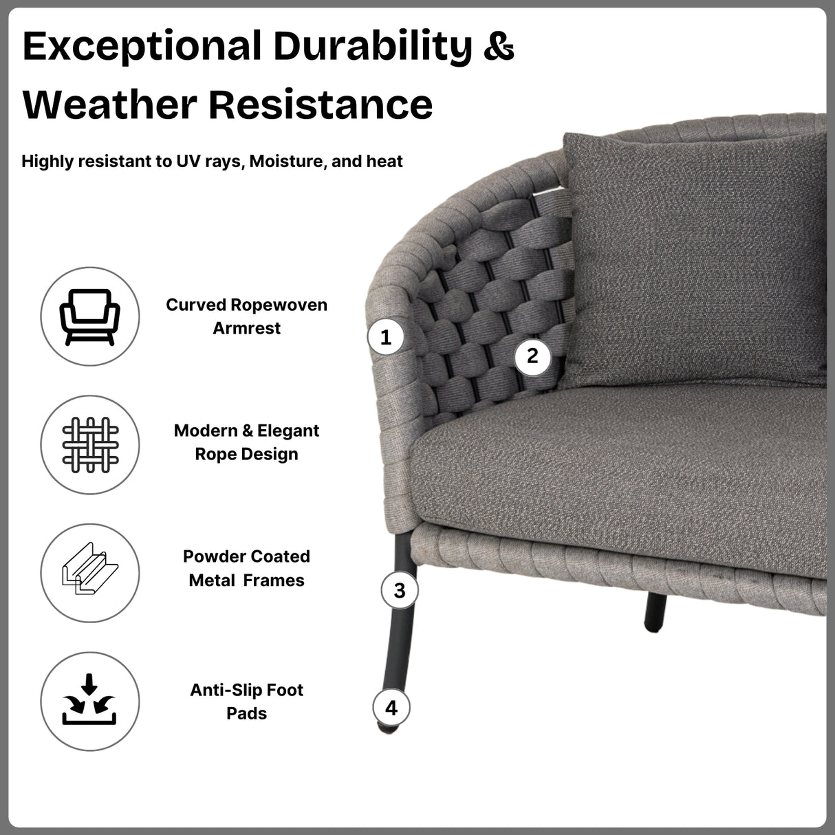 Outdoor Grey Rope 4 Piece Patio Sofa Set with Dark Grey Cushions