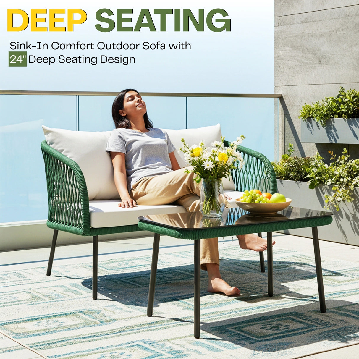 Outdoor Rope 4-Seater Sofa Set with Glass Top Table (Green & Off-white)