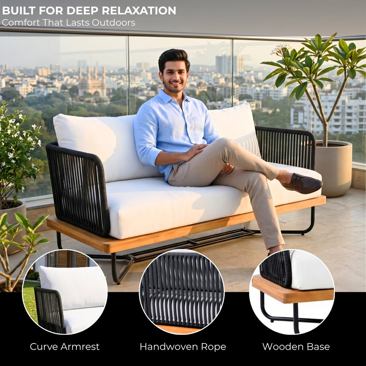 Outdoor Rope 2-Seater Sofa Set with Wooden Base & Slatted Wooden Coffee Table