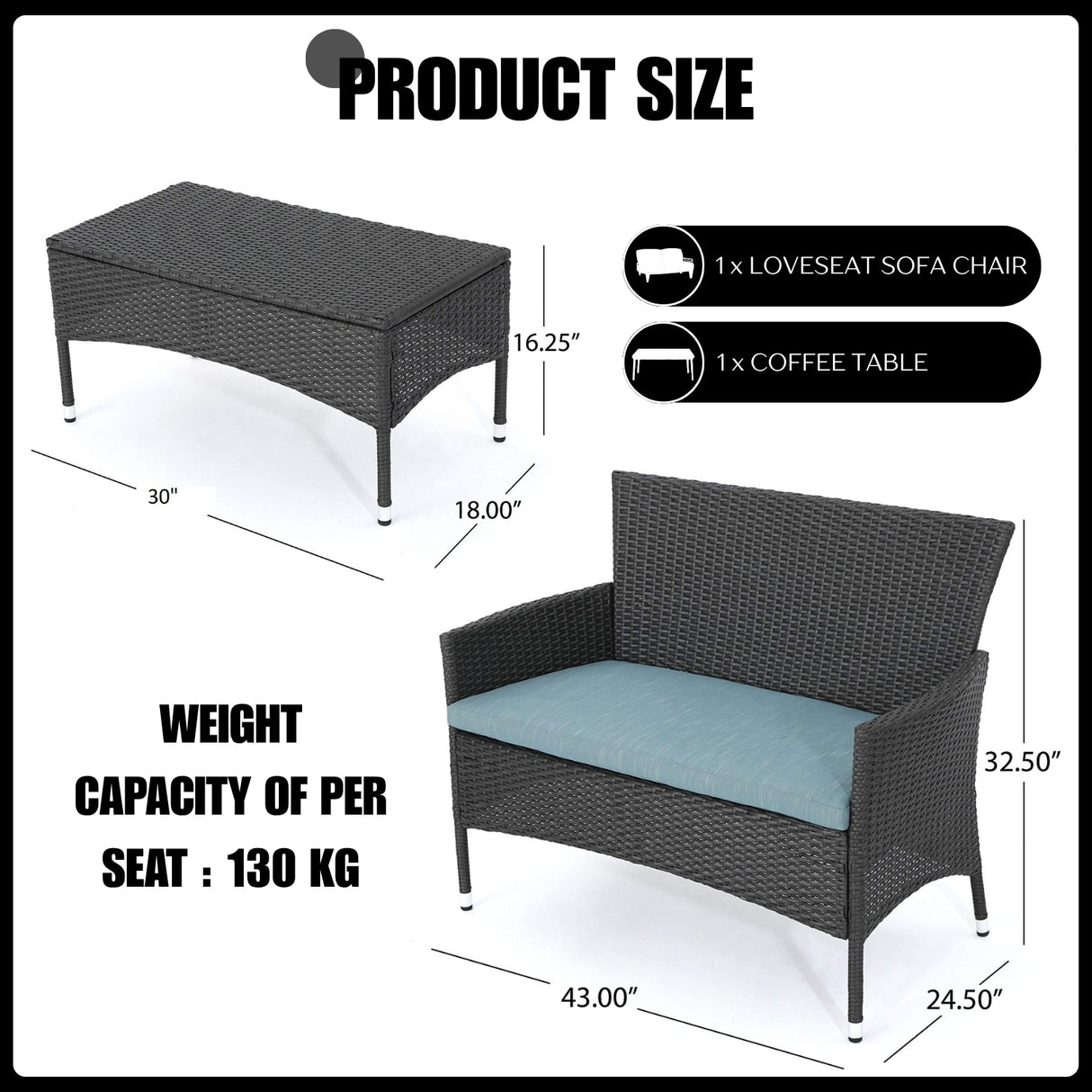 2-Piece Outdoor Rattan Wicker Loveseat Sofa