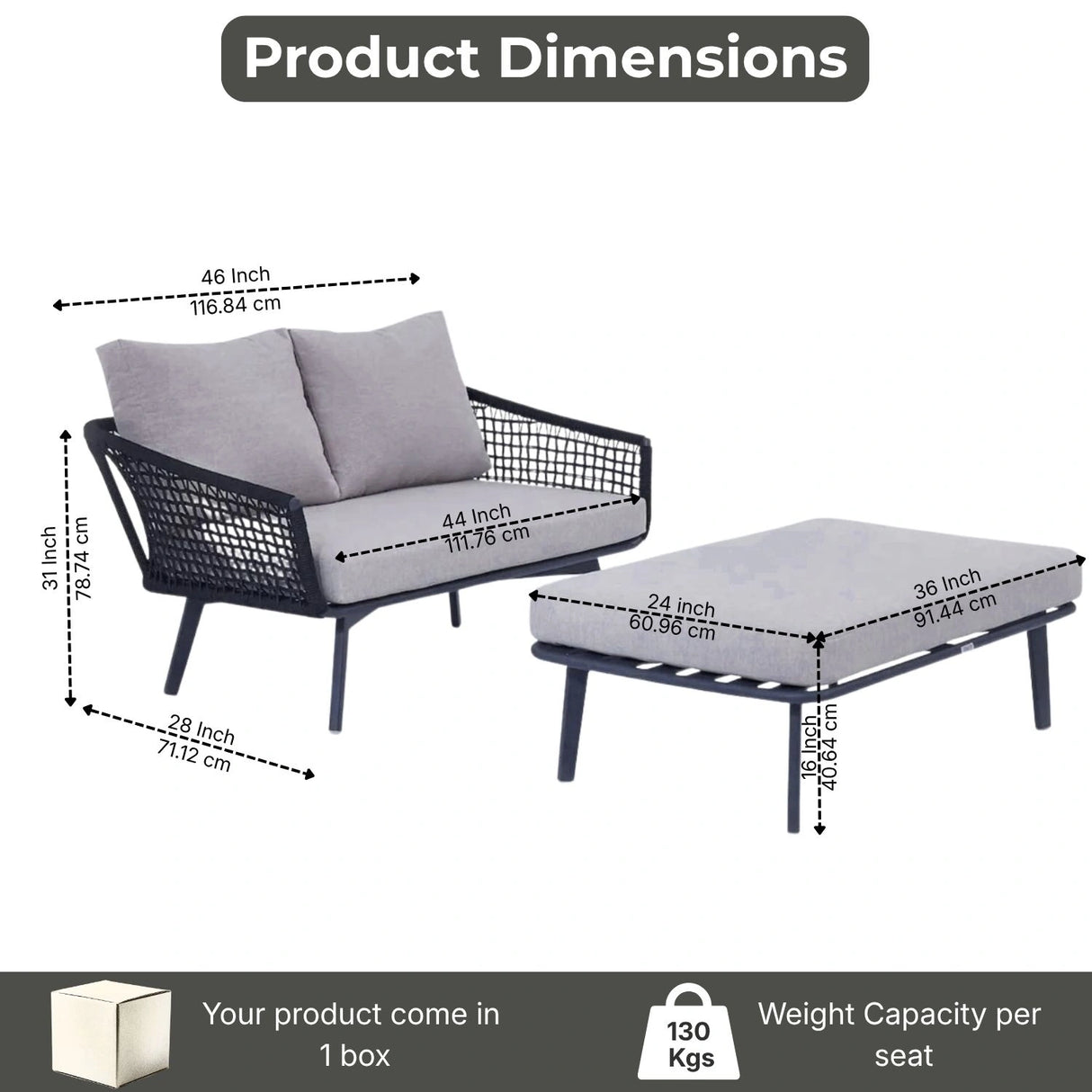 2-Piece Outdoor Rope Loveseat Sofa With Ottoman