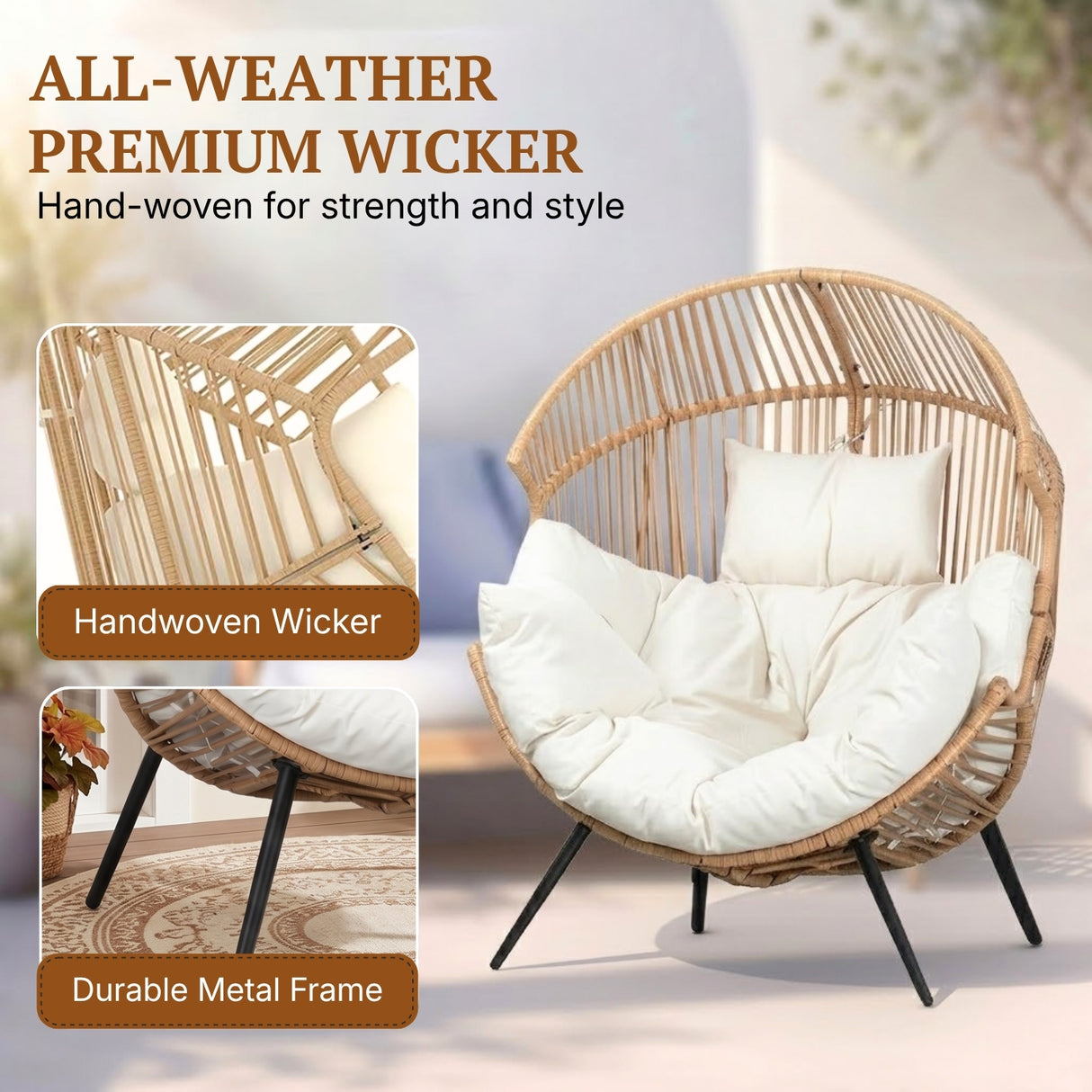 Outdoor Wicker Egg Chair with Plush Cushions (Beige & Off-White)