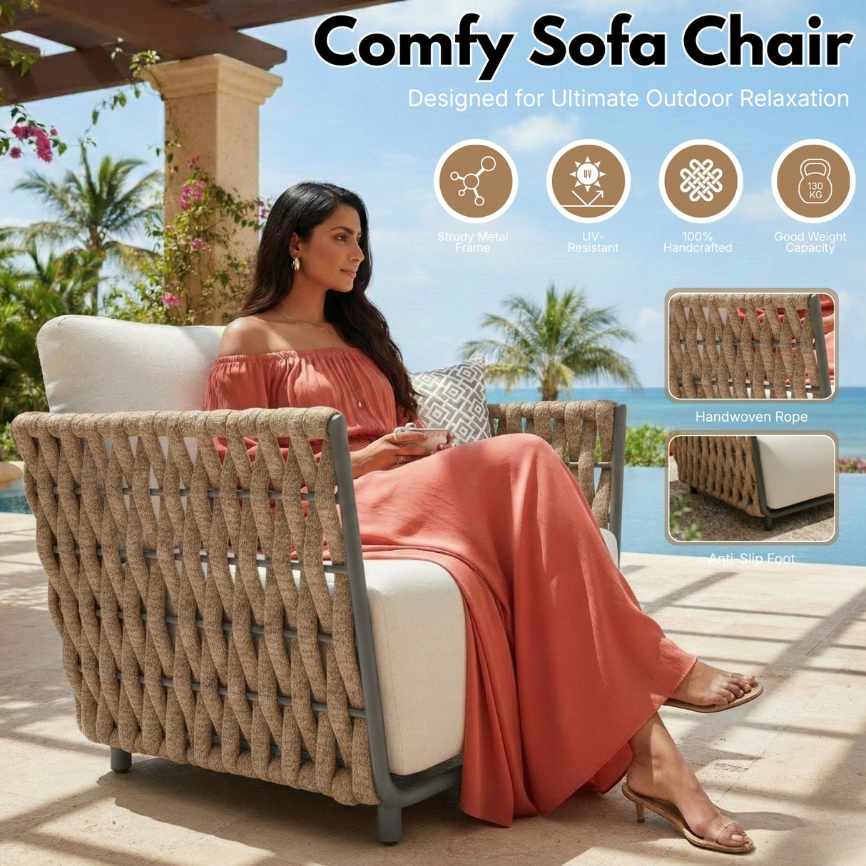 Outdoor Rope 3-Piece Patio Sofa Set (Beige & Off-White)