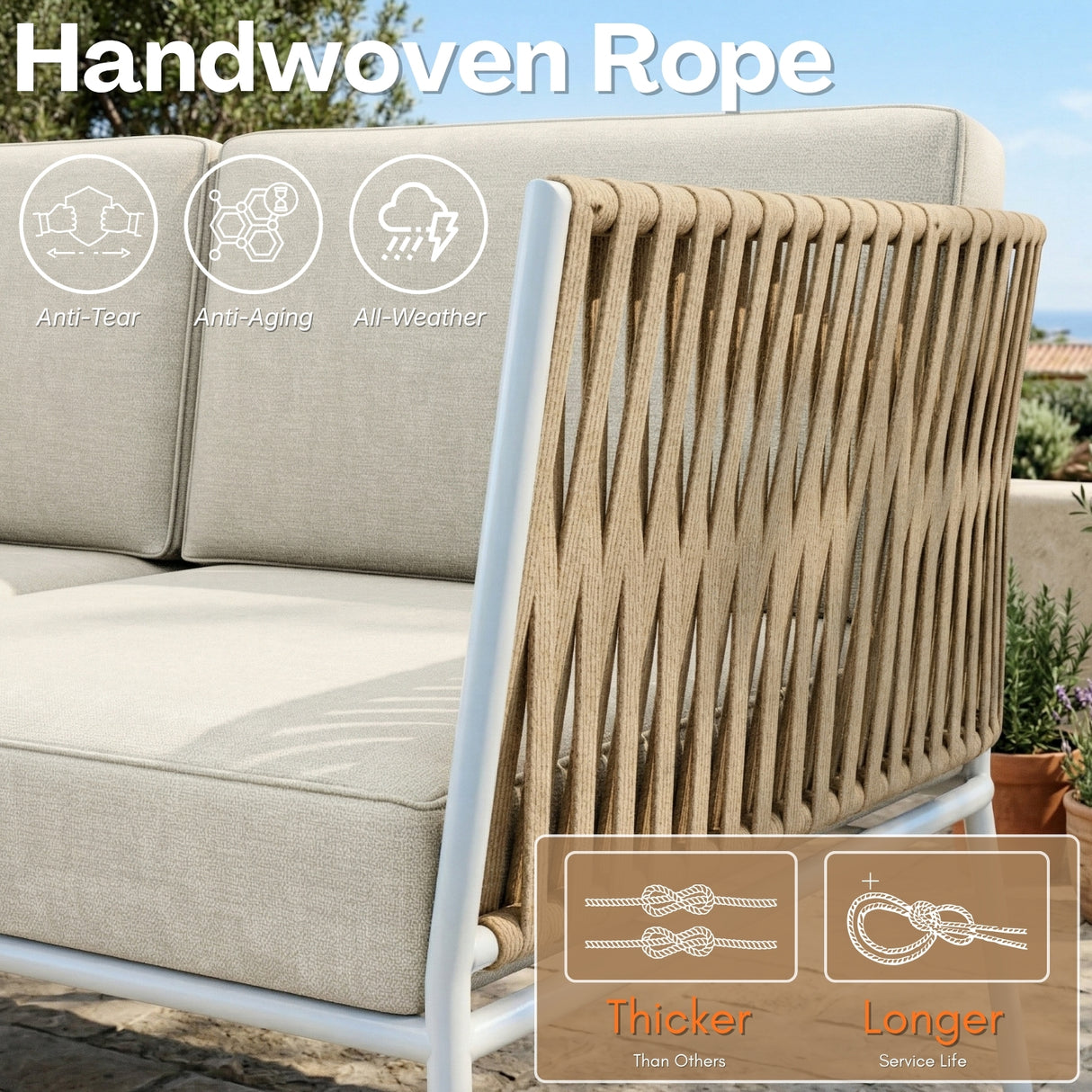 Outdoor Rope 4-Piece Sofa Set with Wooden Top Round Table