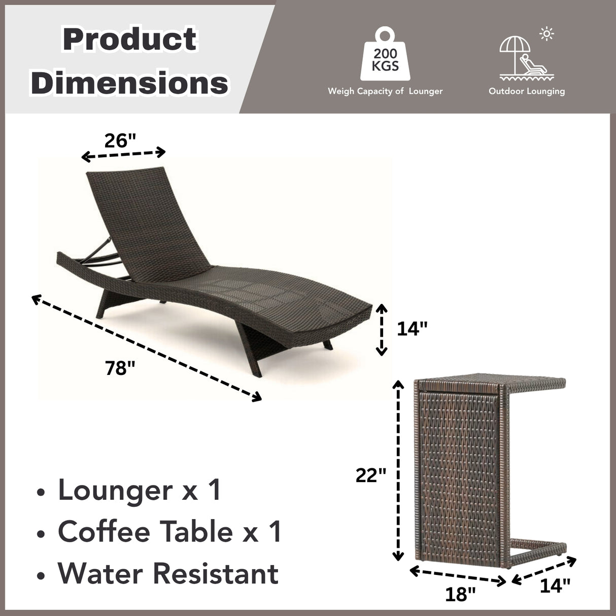 Outdoor All-Weather HDPE Wicker Rattan Sunlounger Recliner with Side Table