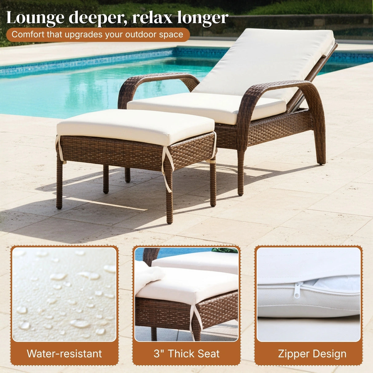 Outdoor Wicker 2 Piece Patio Armchair Recliner with Ottoman